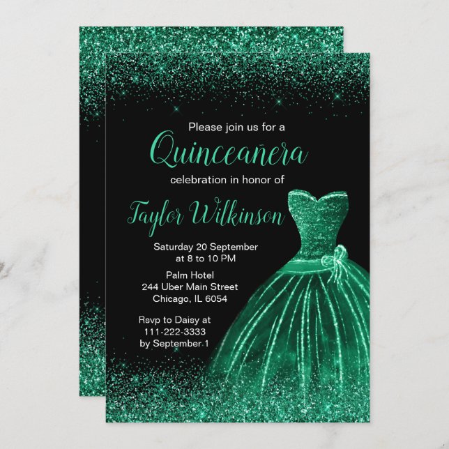 Dark Green Dress Faux Glitter Quinceanera Invitation (Front/Back)
