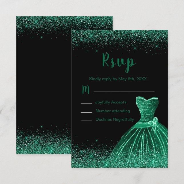 Dark Green Dress Faux Glitter Quinceanera RSVP Card (Front/Back)