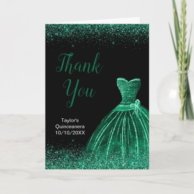 Dark Green Dress Faux Glitter Quinceanera Thank You Card (Front)