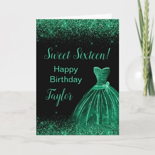 Dark Green Dress Faux Glitter Sweet 16 Birthday Card