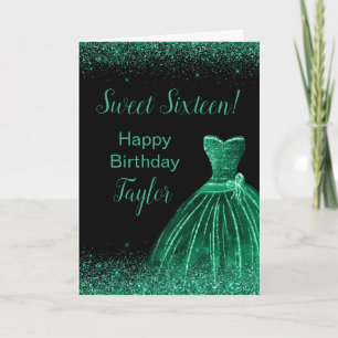 Dark Green Dress Faux Glitter Sweet 16 Birthday Card