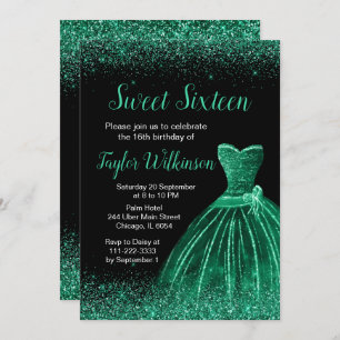 Dark Green Dress Faux Glitter Sweet 16 Birthday Invitation