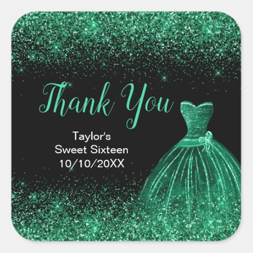 Dark Green Dress Faux Glitter Sweet 16 Birthday Square Sticker