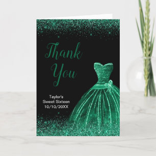 Dark Green Dress Faux Glitter Sweet 16 Birthday Thank You Card