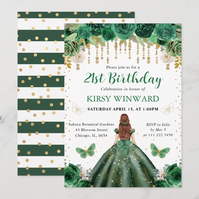Dark Green Dress Red Haired Princess Birthday Invitation (Front/Back)