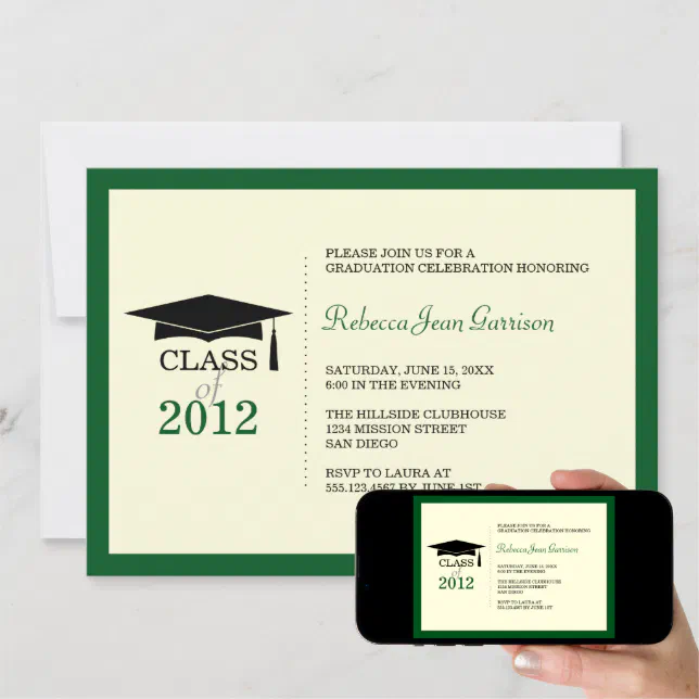 Dark green ecru cap tassel graduation announcement | Zazzle