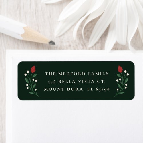 Dark Green Elegant Floral Christmas Return Address Label