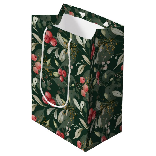 Dark Green Elegant Greenery Botanical Christmas  Medium Gift Bag (Front Angled)