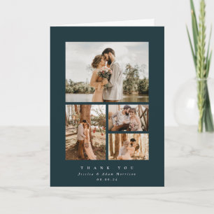 Dark Green Elegant Minimal 4 Photo Wedding Letterpress Thank You Card