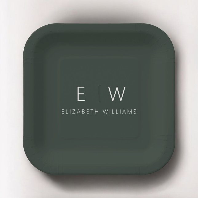 Dark Green Elegant Modern Minimalist Black White Paper Plates (Creator Uploaded)