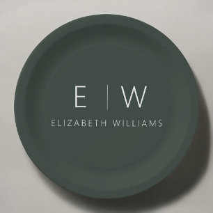 Dark Green Elegant Modern Minimalist Black White Paper Plates