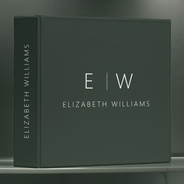 Dark Green Elegant Modern Minimalist Monogram Name 3 Ring Binder (Creator Uploaded)