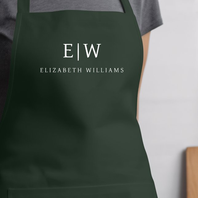 Dark Green Elegant Modern Minimalist Monogram Name Apron (Creator Uploaded)
