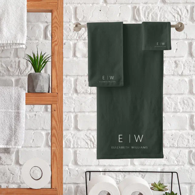 Dark Green Elegant Modern Minimalist Monogram Name Bath Towel Set Zazzle