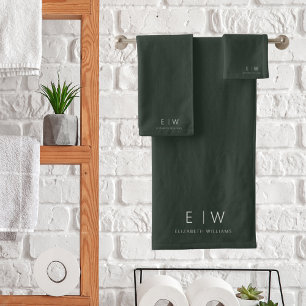 Dark Green Elegant Modern Minimalist Monogram Name Bath Towel Set