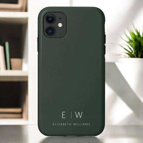 Dark Green Elegant Modern Minimalist Monogram Name iPhone 11 Case