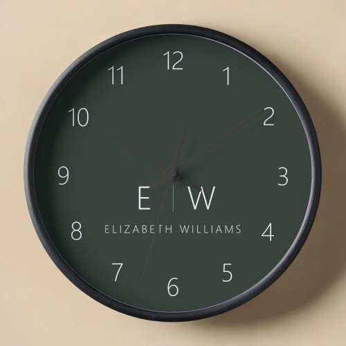 Dark Green Elegant Modern Minimalist Monogram Name Clock