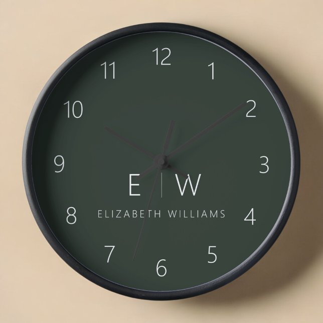 Dark Green Elegant Modern Minimalist Monogram Name Clock (Creator Uploaded)