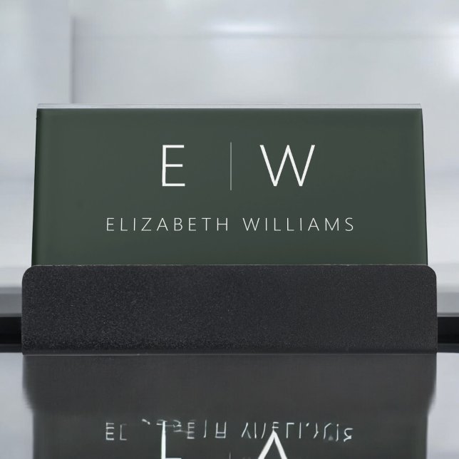 Dark Green Elegant Modern Minimalist Monogram Name Desk Business Card Holder (Creator Uploaded)
