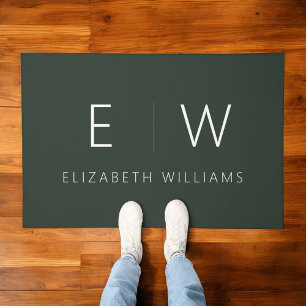 Dark Green Elegant Modern Minimalist Monogram Name Doormat
