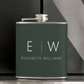 Dark Green Elegant Modern Minimalist Monogram Name Flask