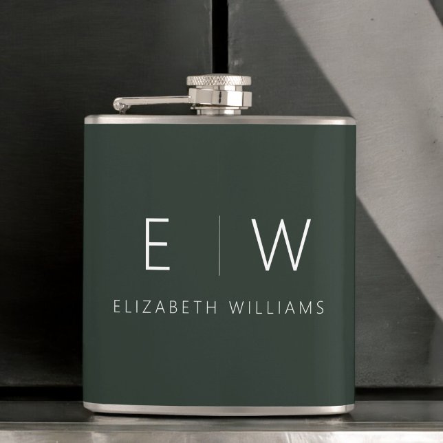 Dark Green Elegant Modern Minimalist Monogram Name Flask (Creator Uploaded)
