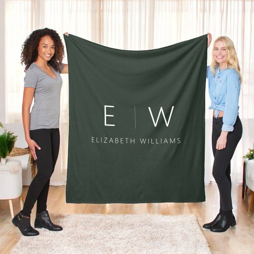 Dark Green Elegant Modern Minimalist Monogram Name Fleece Blanket