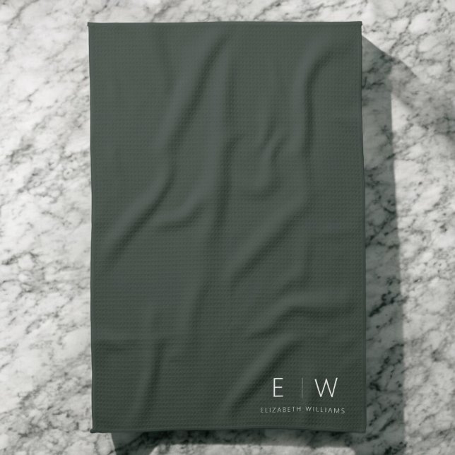 Dark Green Elegant Modern Minimalist Monogram Name Kitchen Towel (Creator Uploaded)