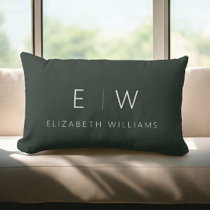 Dark Green Elegant Modern Minimalist Monogram Name Lumbar Pillow