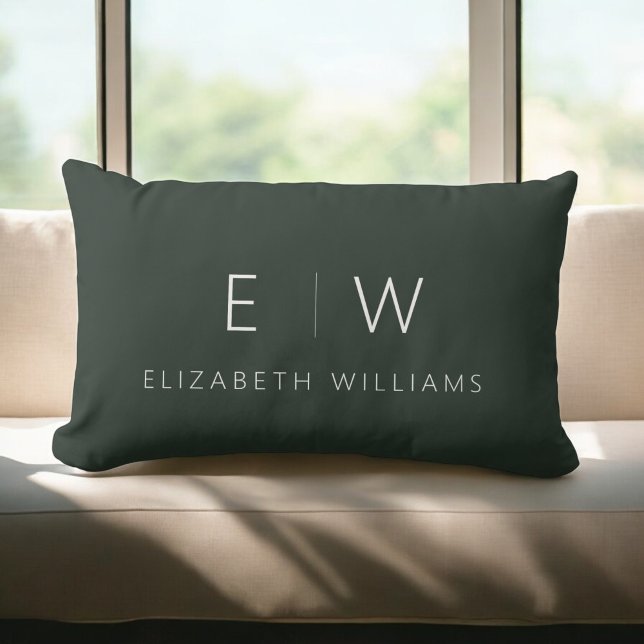 Dark Green Elegant Modern Minimalist Monogram Name Lumbar Pillow (Creator Uploaded)