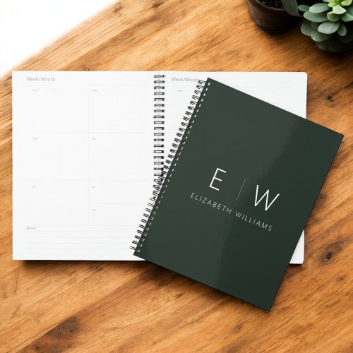 Dark Green Elegant Modern Minimalist Monogram Name Planner