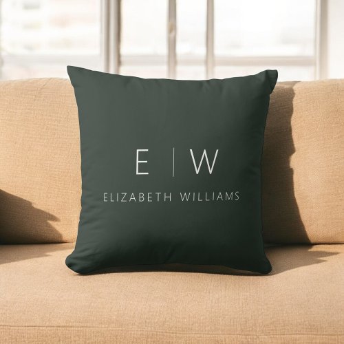 Dark Green Elegant Modern Minimalist Monogram Name Throw Pillow