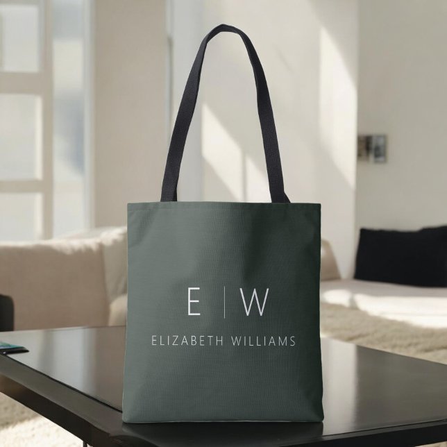 Dark Green Elegant Modern Minimalist Monogram Name Tote Bag (Creator Uploaded)