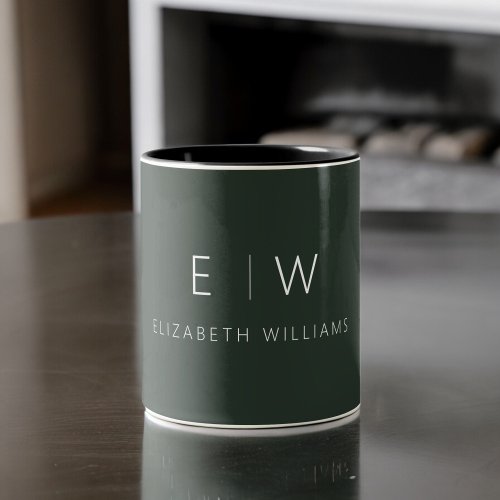 Dark Green Elegant Modern Minimalist Monogram Name Two_Tone Coffee Mug