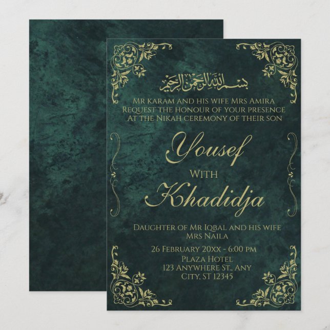 Dark Green Elegant Muslim Nikah Invitation (Front/Back)