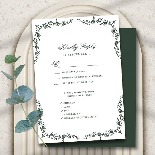 Dark Green Elegant Vintage Floral Wedding RSVP Card