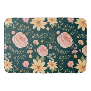 Dark Green Elegant Vintage Wildflower Pattern  Bath Mat