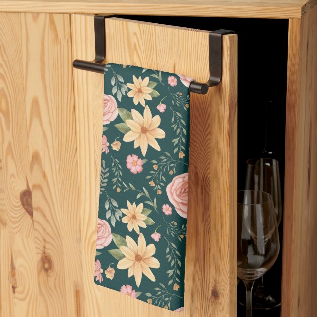 Dark Green Elegant Vintage Wildflower Pattern  Kitchen Towel (Thirds Fold)