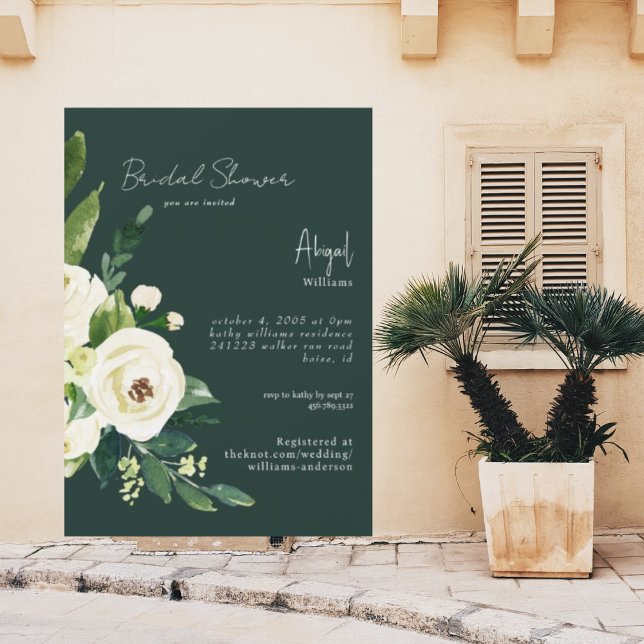 Dark Green Elegant White Floral Bridal Shower Invitation (Creator Uploaded)