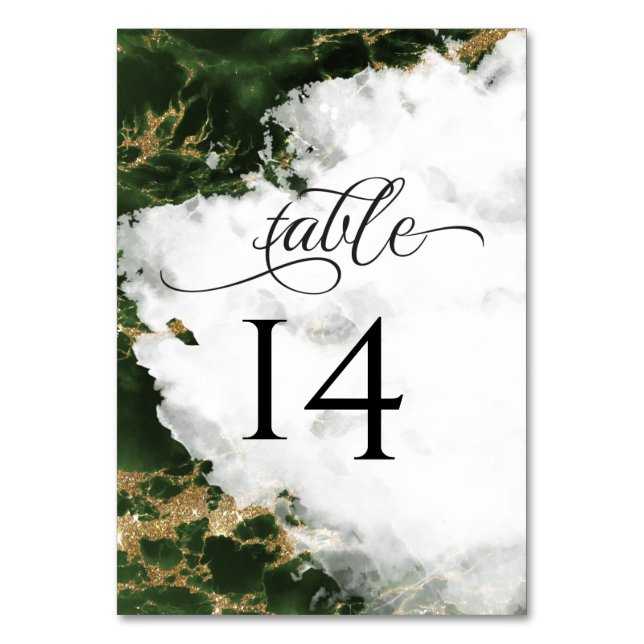Dark Green Emerald Watercolor Geode BarefootBride™ Table Number (Front)