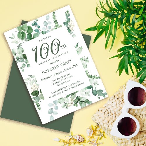 Dark Green Eucalyptus 100th Birthday Party Invitation