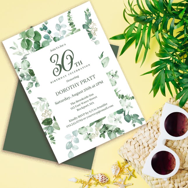 Dark Green Eucalyptus 30th Birthday Party Invitation (Need matching party supplies? Welcome signs, napkins, paper plates. Something else? Message  me!)