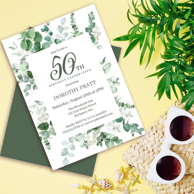 Dark Green Eucalyptus 50th Birthday Party Invitation (Need matching party supplies? Welcome signs, napkins, paper plates. Something else? Message me!)