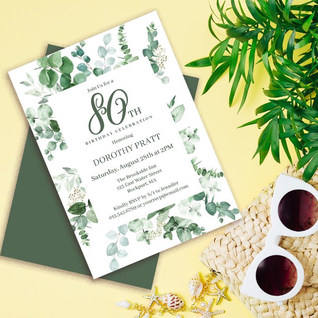 Dark Green Eucalyptus 80th Birthday Party Invitation (Need matching party supplies? Welcome signs, napkins, paper plates. Something else? Message me!)