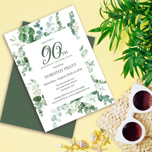 Dark Green Eucalyptus 90th Birthday Party Invitation