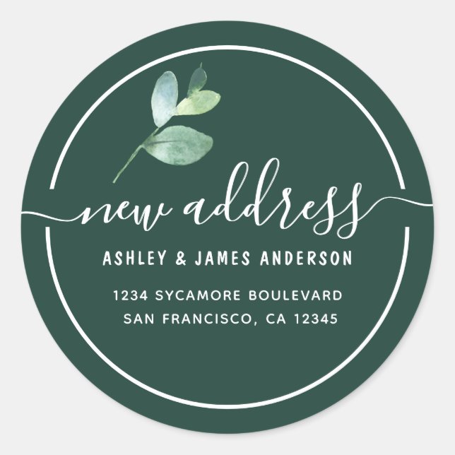 Dark Green Eucalyptus Calligraphy New Address Classic Round Sticker (Front)