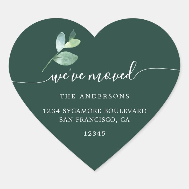 Dark Green Eucalyptus We’ve Moved New Address Heart Sticker (Front)