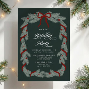 Dark Green Evergreen Garland Red Bow Holiday Party Invitation