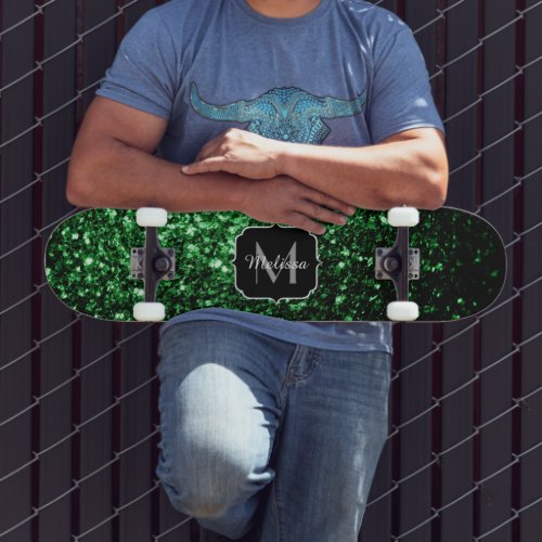 Dark green false glitter sparkles Monogram Skateboard Deck