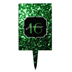 Dark green false glitter sparkles Sweet 16 Cake Topper
